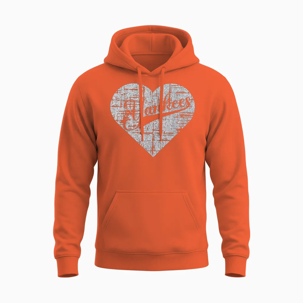 Vintage Heart Yankees I Love Yankees First Name Personalized Unisex Hoodie in Orange