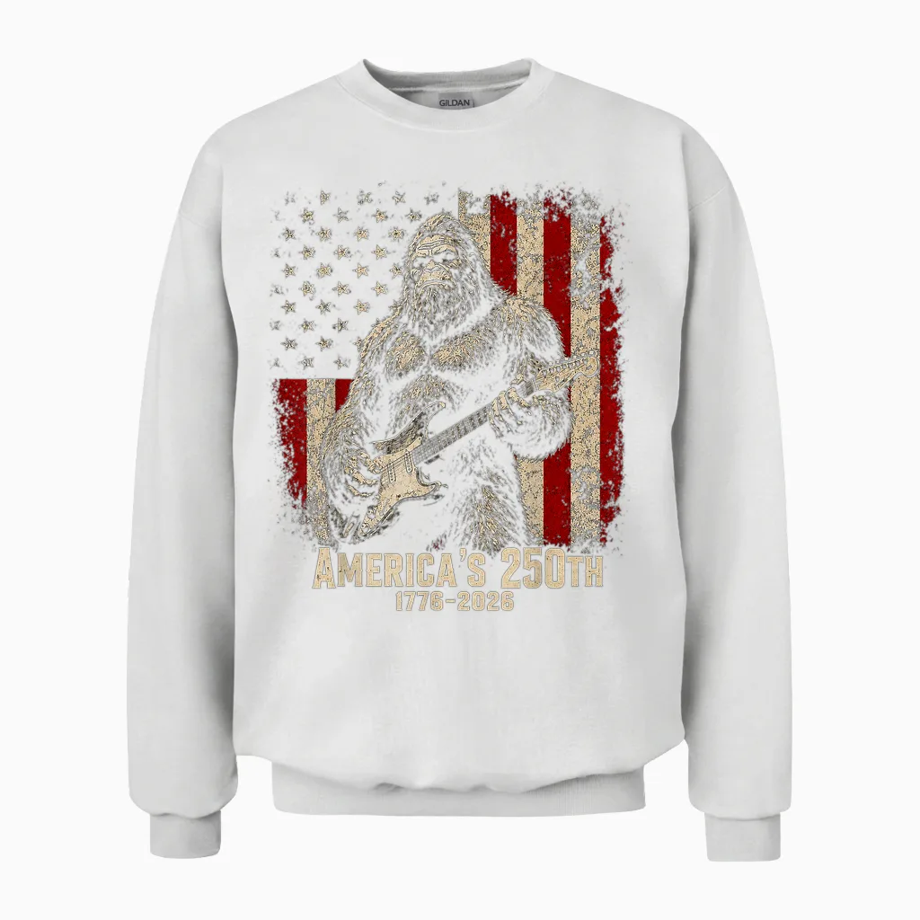 Bigfoot Sasquatch Playing Guitar 250 Years American Usa Unisex Sweatshirt in White