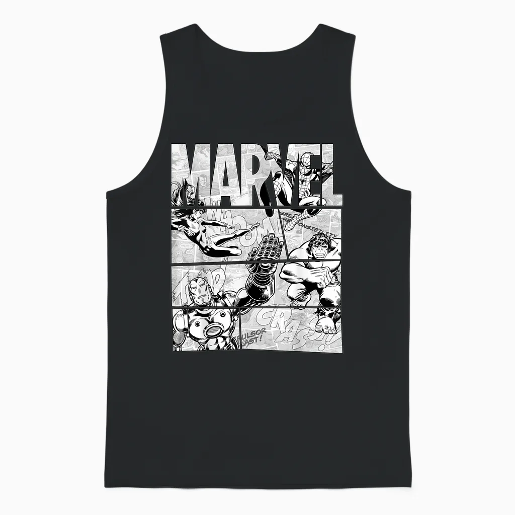 Marvel Avengers Retro Black and White Comic Graphic Short Sleeve Unisex Tank Top in Black