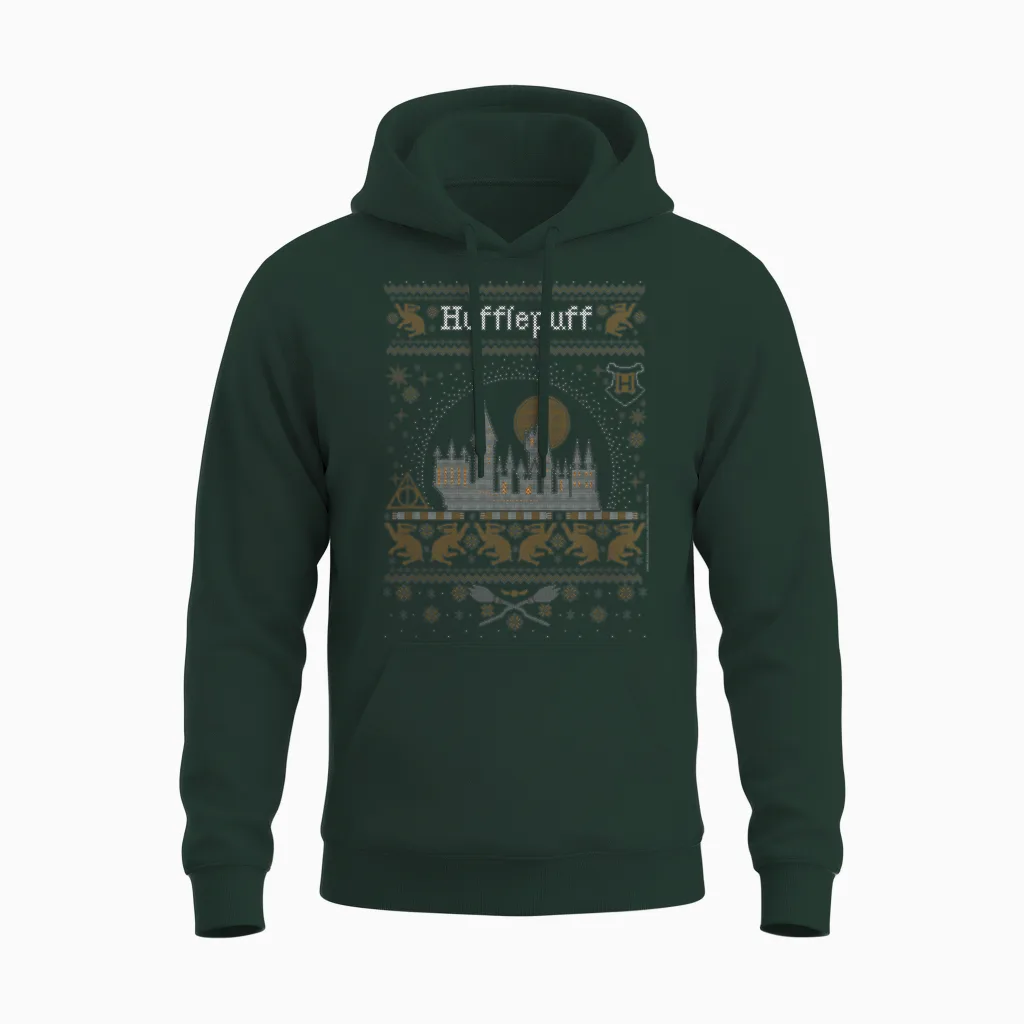 Harry Potter Hufflepuff Ugly Christmas Sweater Pattern Unisex Hoodie in Forest