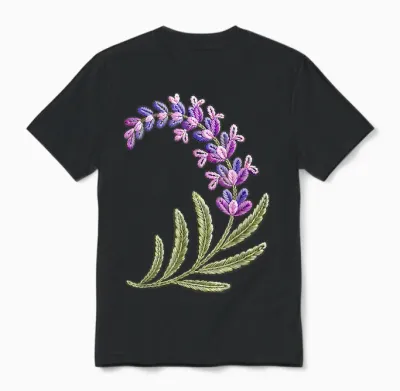Stitches Embroidery Art Lavender Flowers Unisex T-Shirt - Black