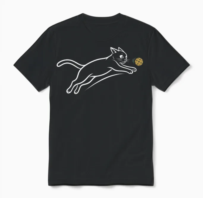 Chat Pickleball Drôle Minimaliste Ligne Poursuite Balle Fans Unisex T-Shirt in Black