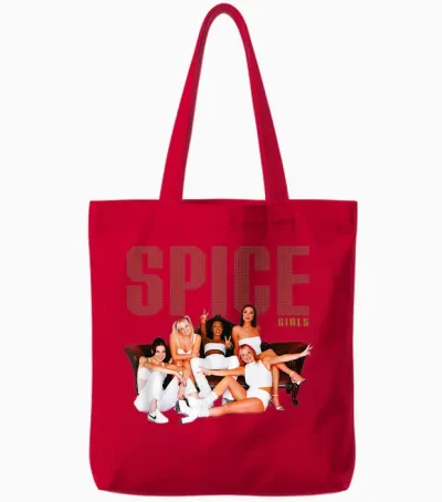 Official Spice Girls T-Shirt Sofa Photo, Black, S Tote Bags - Red
