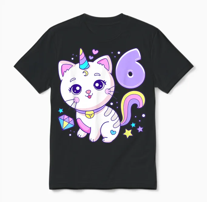 Geburtstag Mädchen 6 Jahre, Katze, Einhorn, 6. Geburtstag Unisex T-Shirt in Black