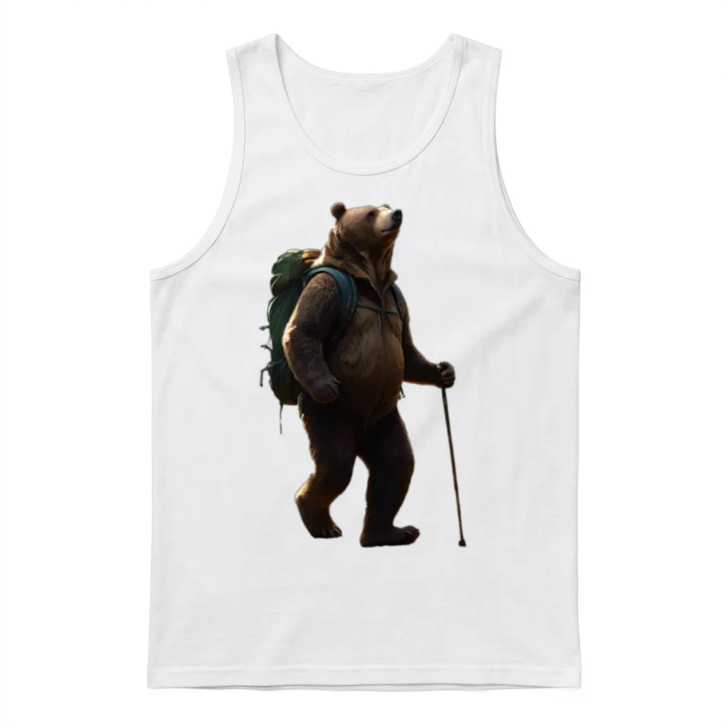 Backpacking Bear with Hiking Stick Unisex Tank Top - White