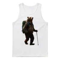 Backpacking Bear with Hiking Stick Unisex Tank Top - White – 1