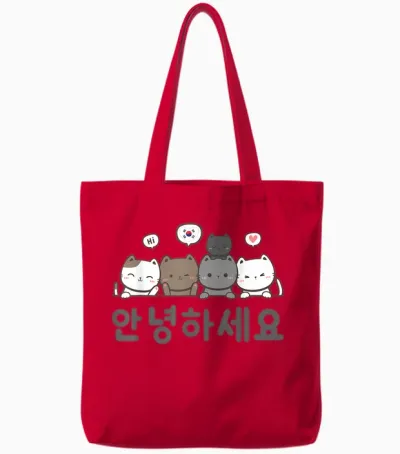 Korean Flag and Cats | Hello Korean Annyeong Haseyo T-Shirt, White, S Tote Bags - Red
