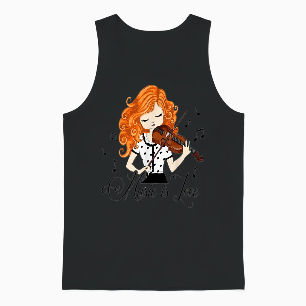 Violoniste Fille Dessin Animé Musique Classique Folk Unisex Tank Top in Black