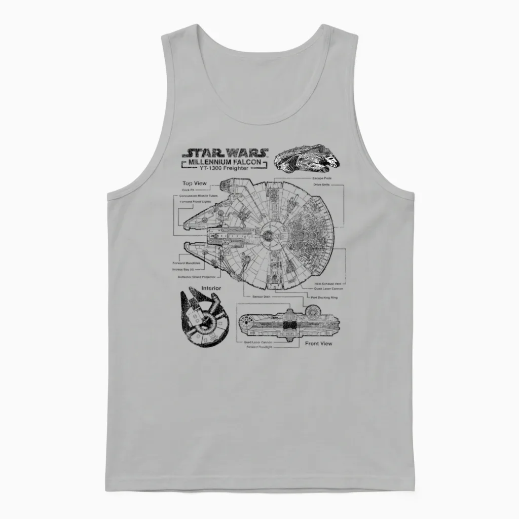Star Wars Millennium Falcon T-Shirt with Detailed Schematics T-Shirt, Gray, S Unisex Tank Top in Ash