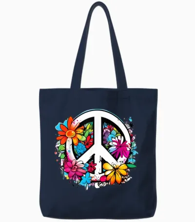 Peace Sign Flower Power Love, Peace Flowers 60s 70s T-Shirt, White, S Tote Bags - Navy