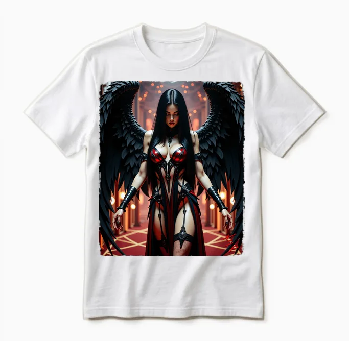 Printed Back T-Shirt - Sexy Brunette Fallen Angel Girl V#1 Unisex T-Shirt in White