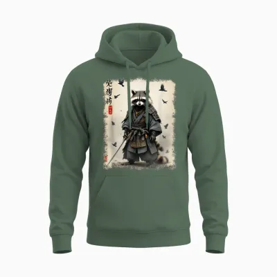 Samurai Waschbär, Japanischer Krieger & Kunst | Vintage Anime Unisex Hoodie - Military Green
