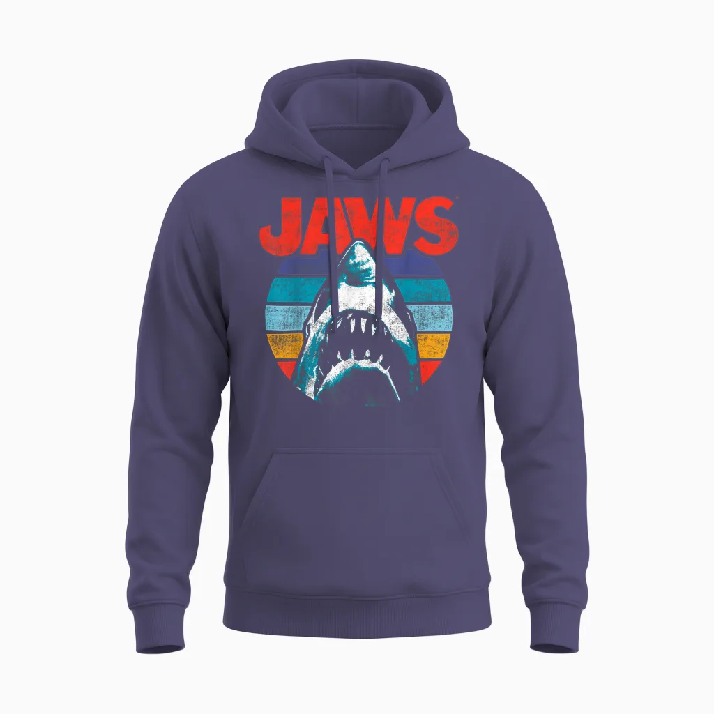 Jaws Retro Colors Shark Rainbow Logo Unisex Hoodie in Heather Sport Dark Navy