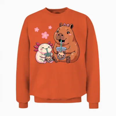 Axolotl and Capybara Drinking Bubble Tea Kawaii Girls' Children's Unisex Sweatshirt - Orange