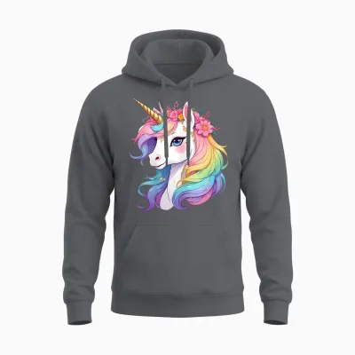 Cute Unicorn with Rainbow Flowers Mane Unicorn Unisex Hoodie - Charcoal