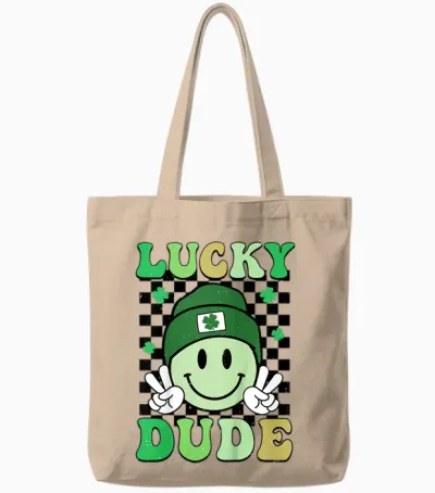Kids Groovy Lucky Dude Shamrock Smile Boys Kids St. Patrick's Day Tote Bags - Natural