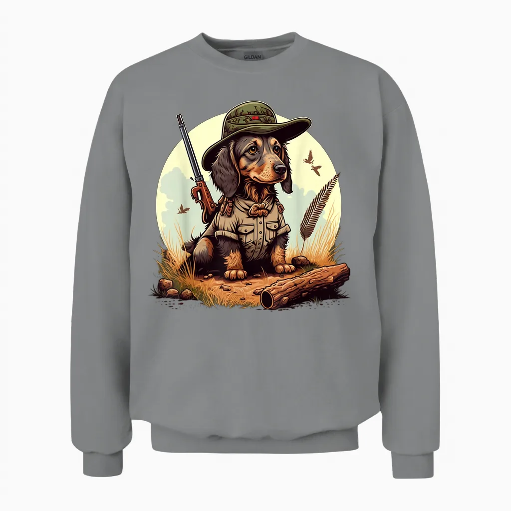 Dachshund Hunter on Dachshund Game Hunting T-Shirt, Black Unisex Sweatshirt in Sport Grey