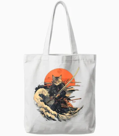 Samurai Cat Graphic Tee Warrior Vintage Japanese Art Anime T-Shirt for Men Women Girls Kids Tote Bags - White