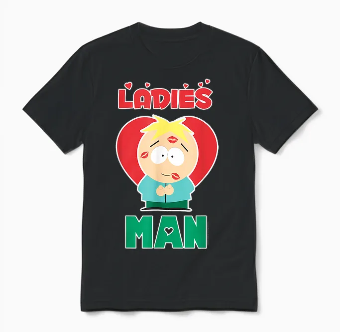 South Park Valentine's Day Butters Ladies Man T-Shirt, Black Unisex T-Shirt in Black
