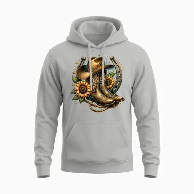 Western Cowboy Boots Horseshoe Sunflower Rope Cowgirl Boat T-Shirt, Black Unisex Hoodie - Ash