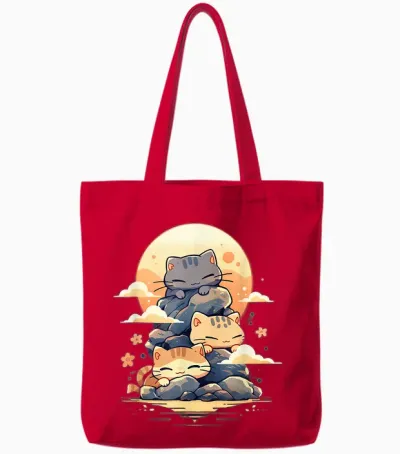 Japanese Cats Sleeping Cat Cute Kitten Anime Kawaii T-Shirt, Black Tote Bags - Red