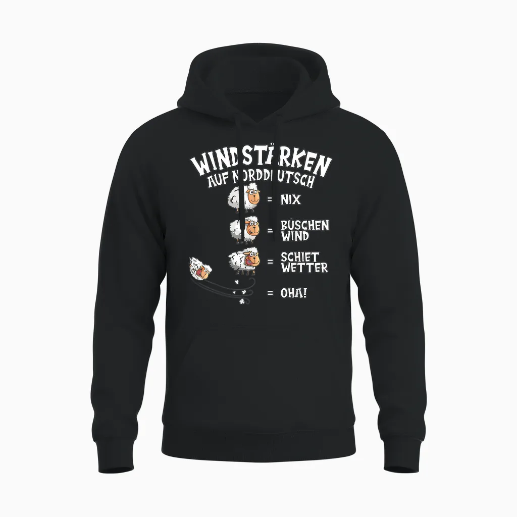 Wind Force in North German Sheep Nix Büschen Shiet Weather T-Shirt, Black Unisex Hoodie in Black