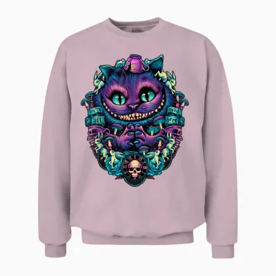 Alice in Wonderland Cheshire Cat All Mad Here T-Shirt, Black Unisex Sweatshirt - Light Pink