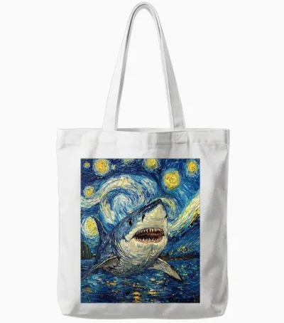 Funny Shark - Van Gogh Style - Starry Night Tote Bags - White