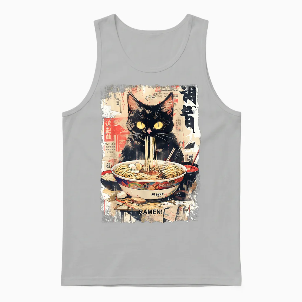 Cat Ramen Noodle Japanese Anime Manga Ramen Kawaii Cat T-Shirt, Black Unisex Tank Top in Ash