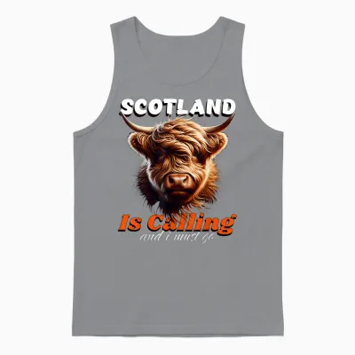 Scotish Cow Scotland Cow Calls Me and I Have to Go T-Shirt, Black, S Unisex Tank Top - Sport Grey