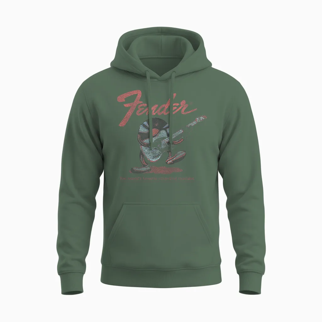 Fender Record Playing Guitar Centered Unisex Hoodie in Military Green