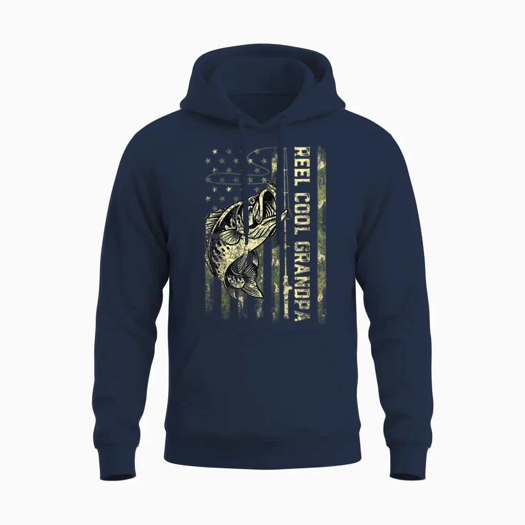 Reel Cool Grandpa Fisherman Camouflage Father's Day Unisex Hoodie in Navy