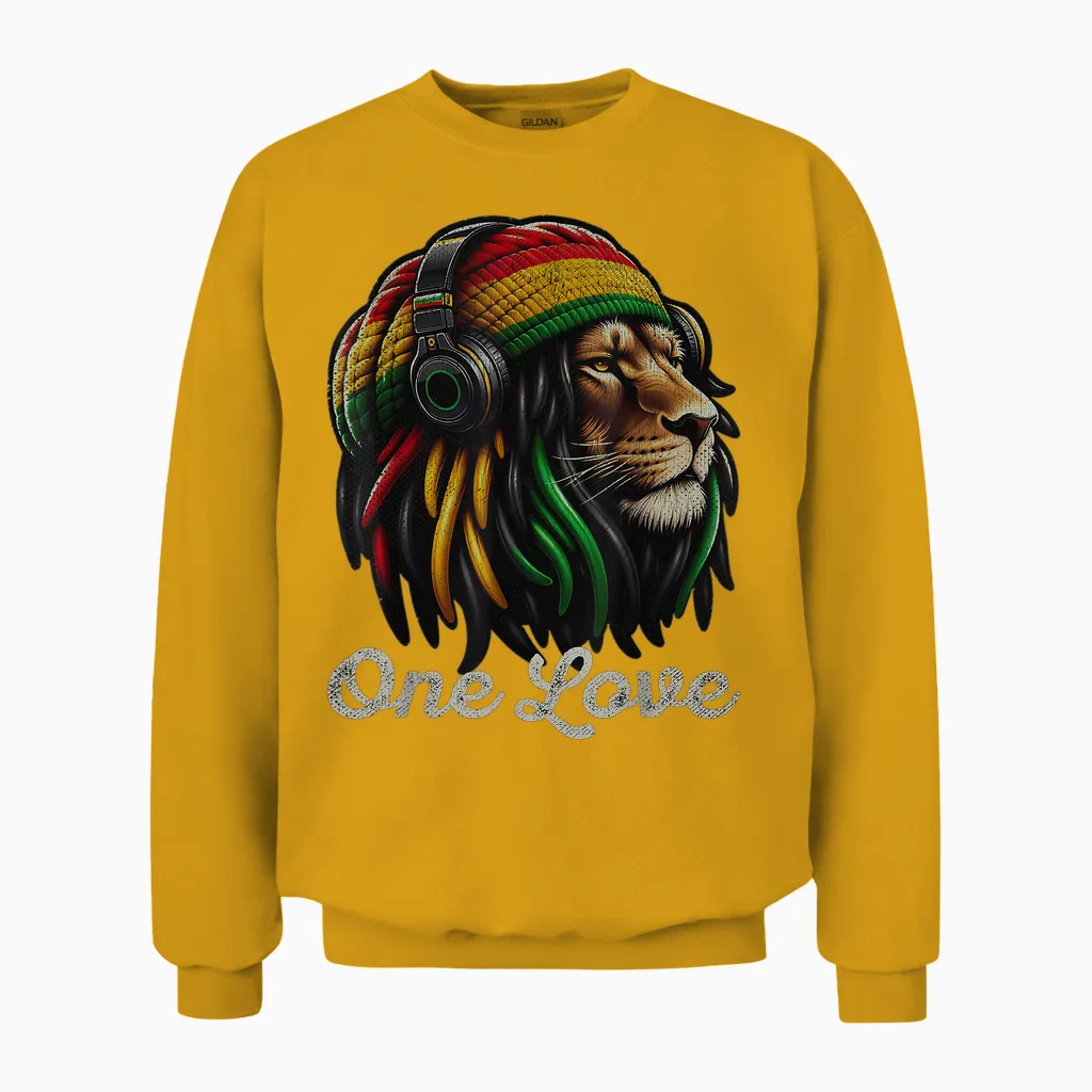 Jamaican Reggae Lion by Judah Rastafarian Lion T-Shirt, Black, S Unisex Sweatshirt in Gold