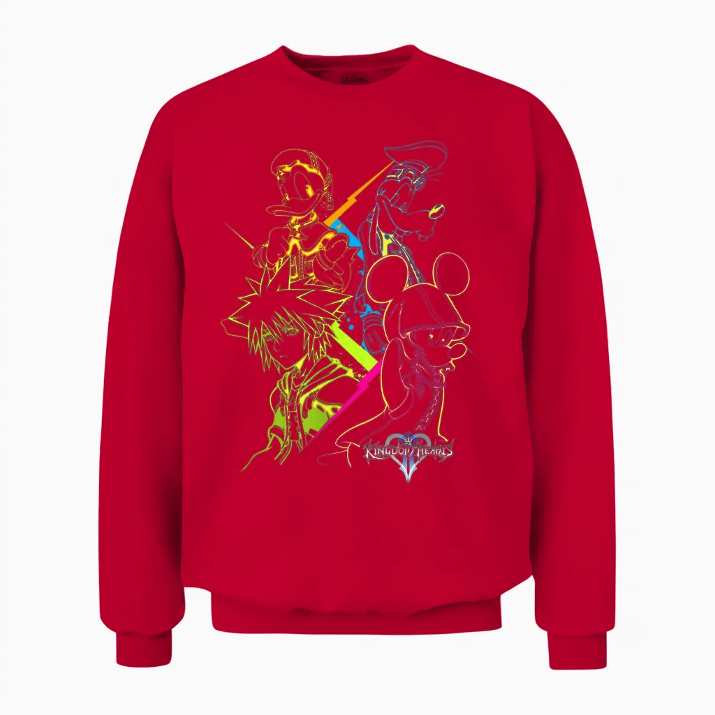 Disney Kingdom Hearts Main Characters Neon Line Art Portrait Unisex Sweatshirt in Red