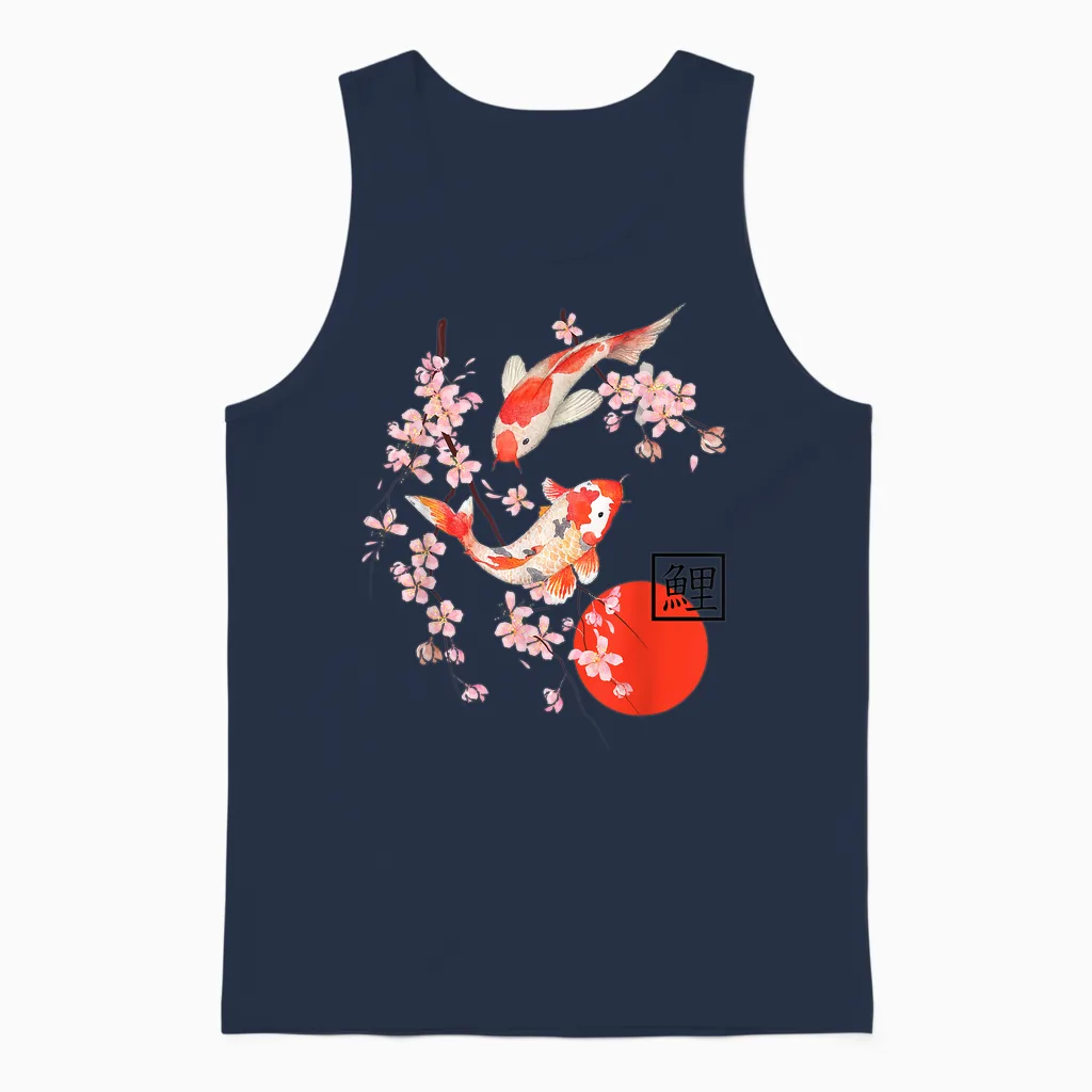 Cherry Blossom Koi Carp Fish Japanese Sakura Art Graphic Unisex Tank Top in Navy