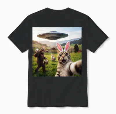 Lustiges Katzen-Selfie Mit Osterhase Bigfoot Ufo Für Männer Frauen Unisex T-Shirt - Black