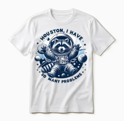 Houston, I Have So Many Problems - Cute Raccoon Space Design T-Shirt, White, S Unisex T-Shirt - White