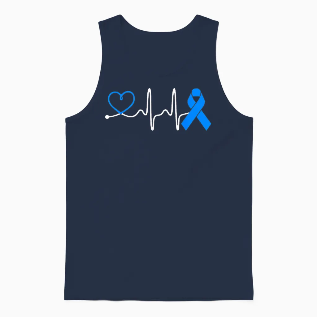Blue Ribbon Heart Beat for Colon Cancer Awareness T-Shirt, Black, S Unisex Tank Top in Navy