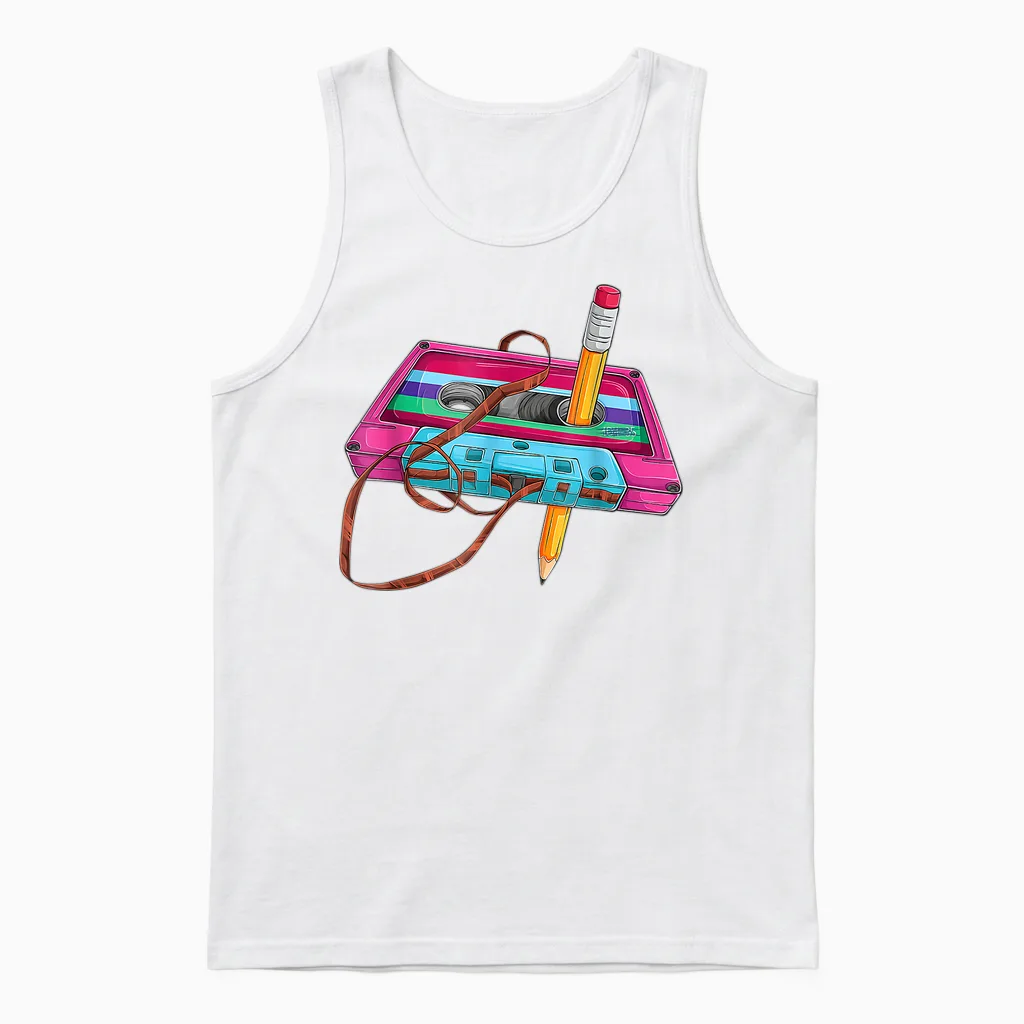 80 90s Outfit Women's Party Fancy Dress Retro Cassette T-Shirt, Black Unisex Tank Top in White