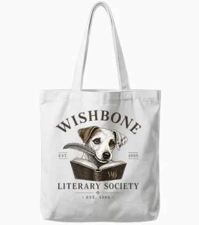 Wishbone Literary Society Vintage Book Lover Dog Design Tote Bags - White