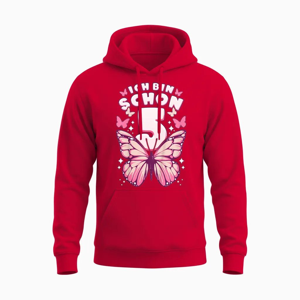 Geburtstag Mädchen 5 Jahre, Schmetterlinge Und Nummer 5 Unisex Hoodie in Red