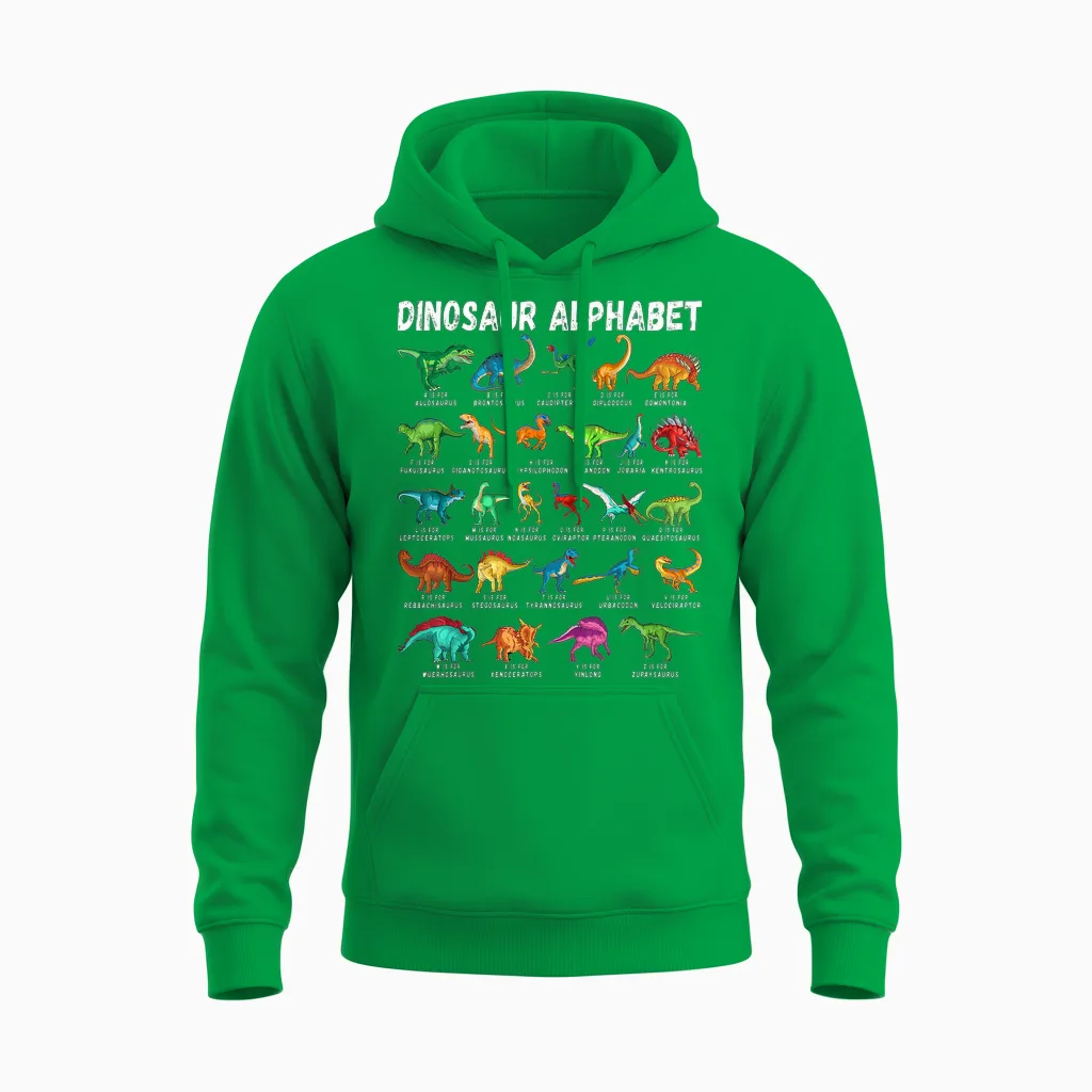 Types of Dinosaurs Alphabet A-Z Abc Dino Identification Unisex Hoodie in Irish Green