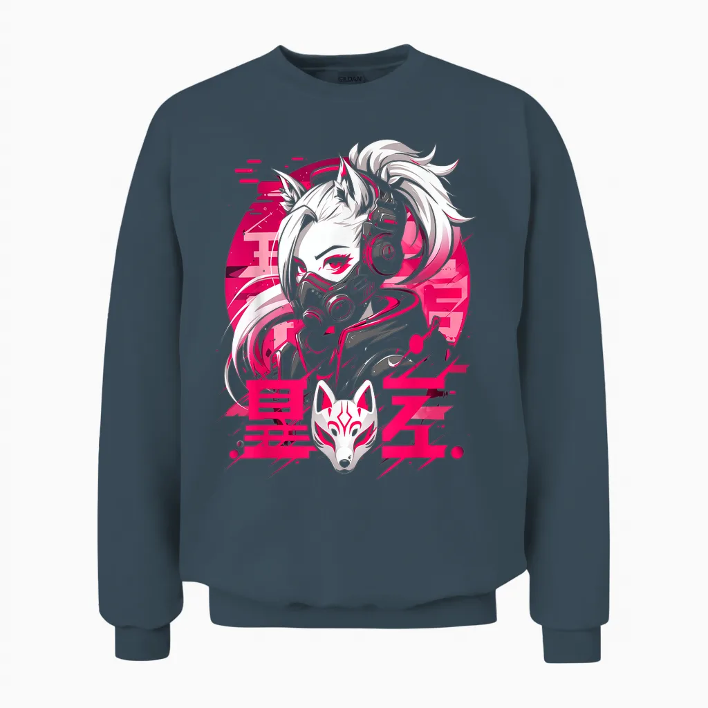 Anime Manga Cyberpunk Aesthetic Techwear Harajuku Kitsune T-Shirt, Black Unisex Sweatshirt in Dark Heather