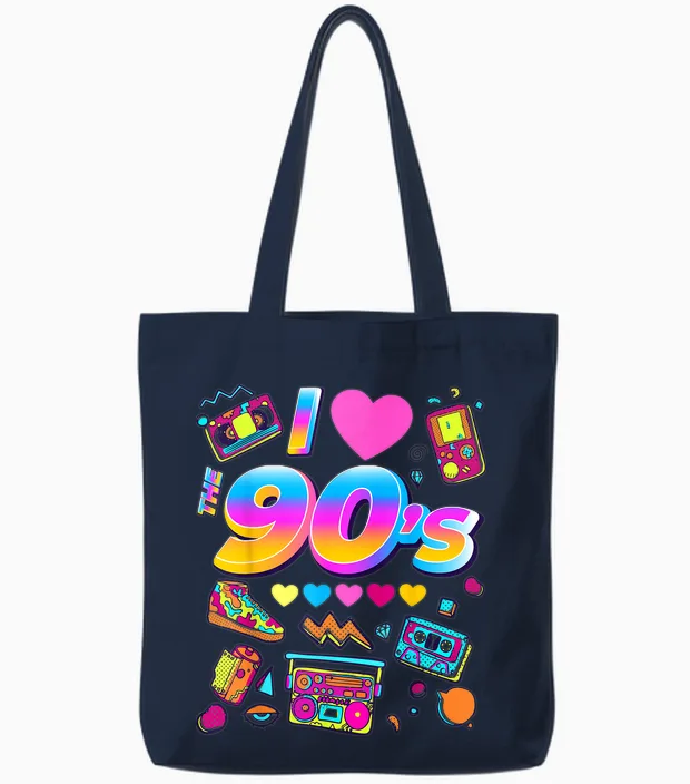 Cool 90's Music Party, 90s Retro Graphic Design Tote Bags in Navy