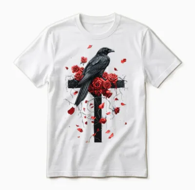 Raven with Roses on Cross Gothic T-Shirt, Black, S Unisex T-Shirt - White
