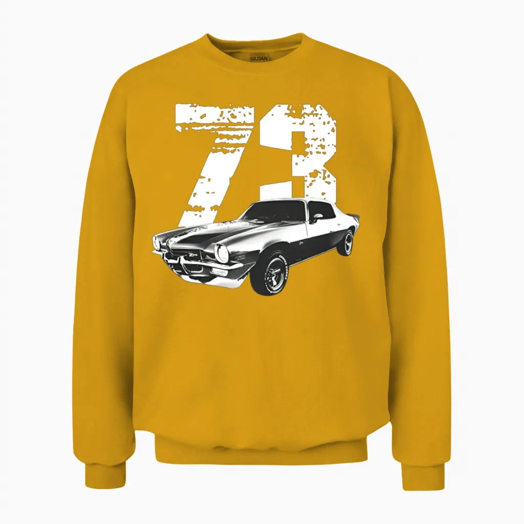 1973 Camaro Z28 Front Three Quarter View Silhouett Unisex Sweatshirt in Gold