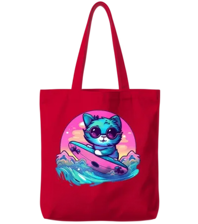 Retro Surfing Cat Tote Bags - Red