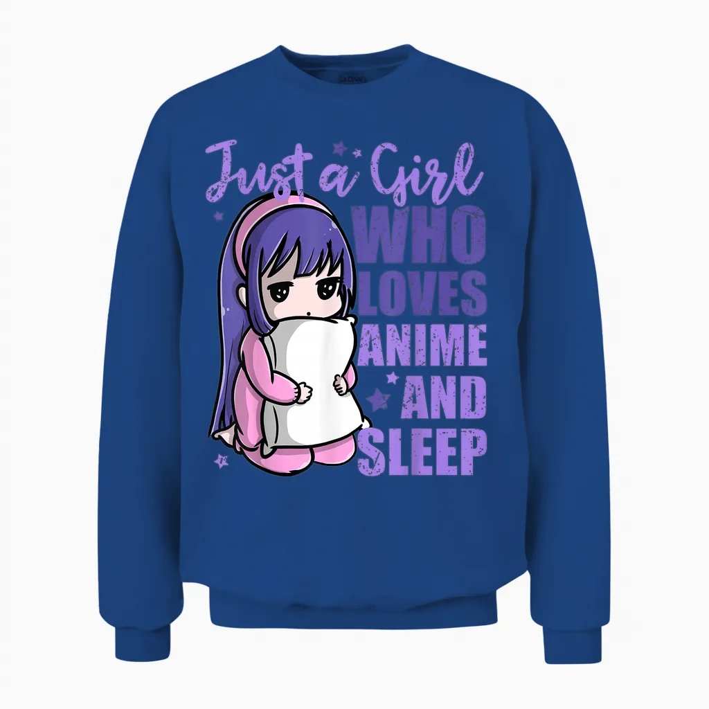 Just a Girl Who Loves Anime and Sleep Pajama Pj Unisex Sweatshirt in Royal