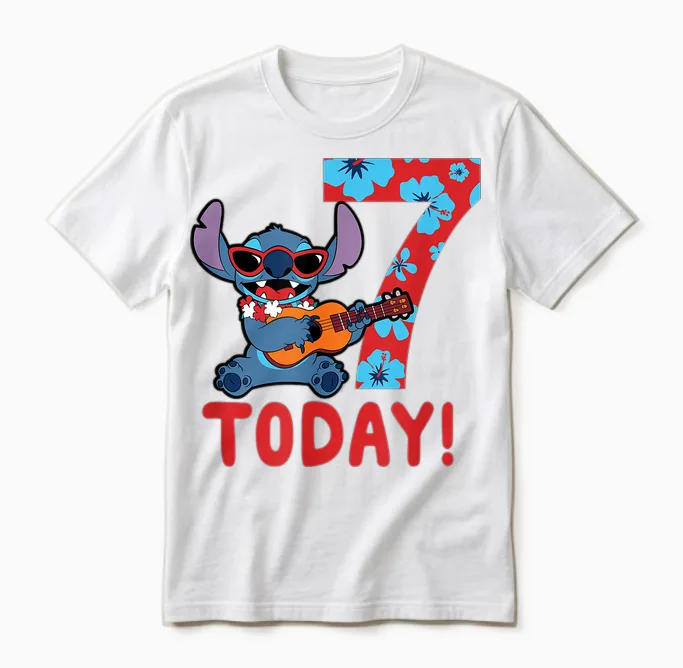Children's Disney Lilo & Stitch Tropical Birthday 7 Years Old Today T-Shirt, Black Unisex T-Shirt in White