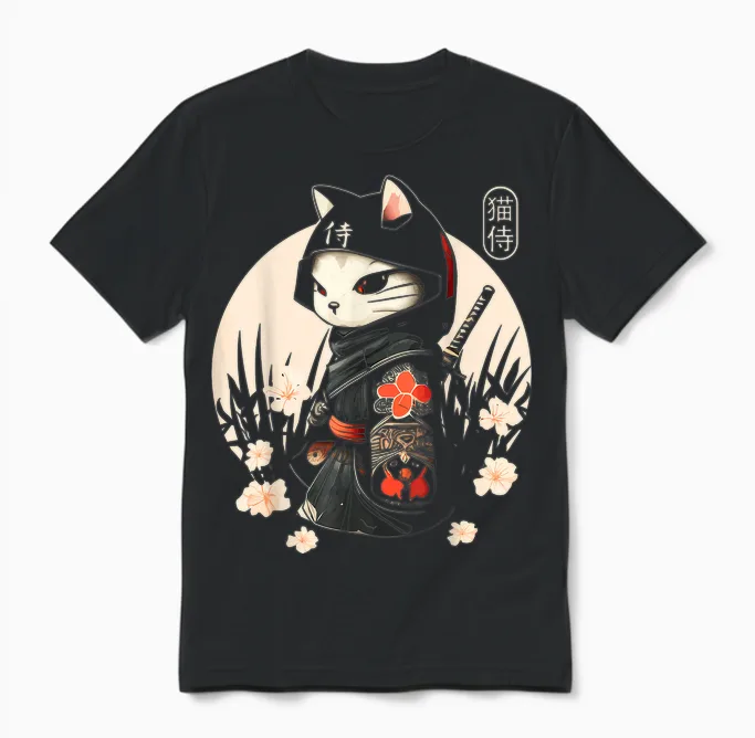 Japanese Samurai Cat for Cat Lovers Unisex T-Shirt in Black